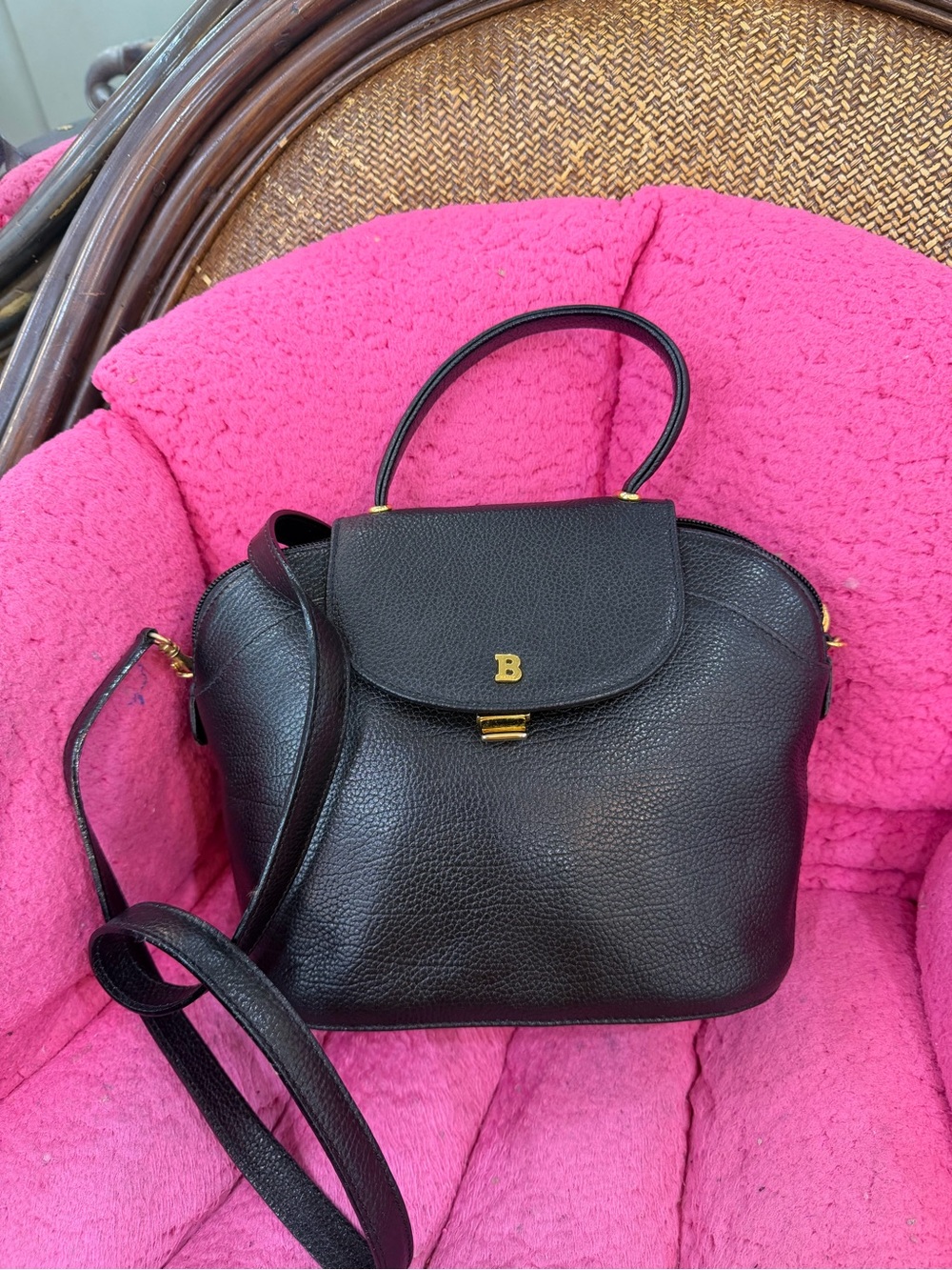 Bally Black Pebbled Leather Crossbody Top-Handle Bag with Gold 'B'